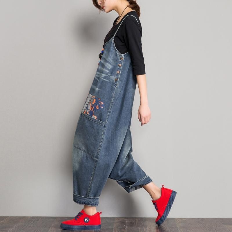 Spring Denim Hagesmæk Løs Skridtrem Jumpsuit