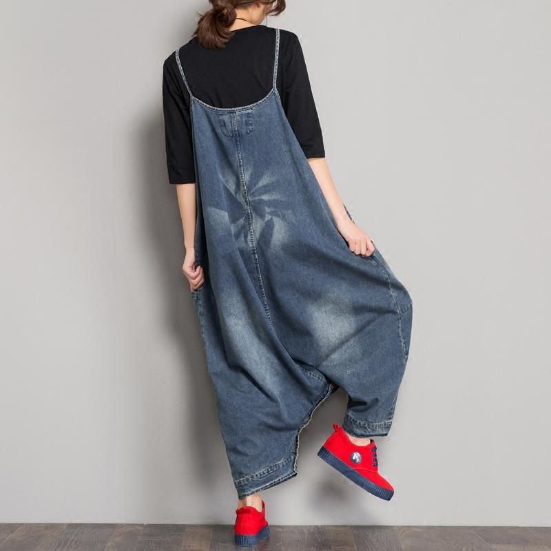 Spring Denim Hagesmæk Løs Skridtrem Jumpsuit