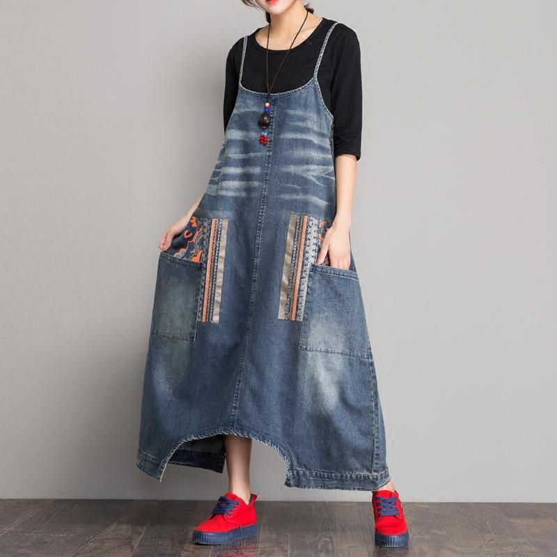 Spring Denim Hagesmæk Løs Skridtrem Jumpsuit