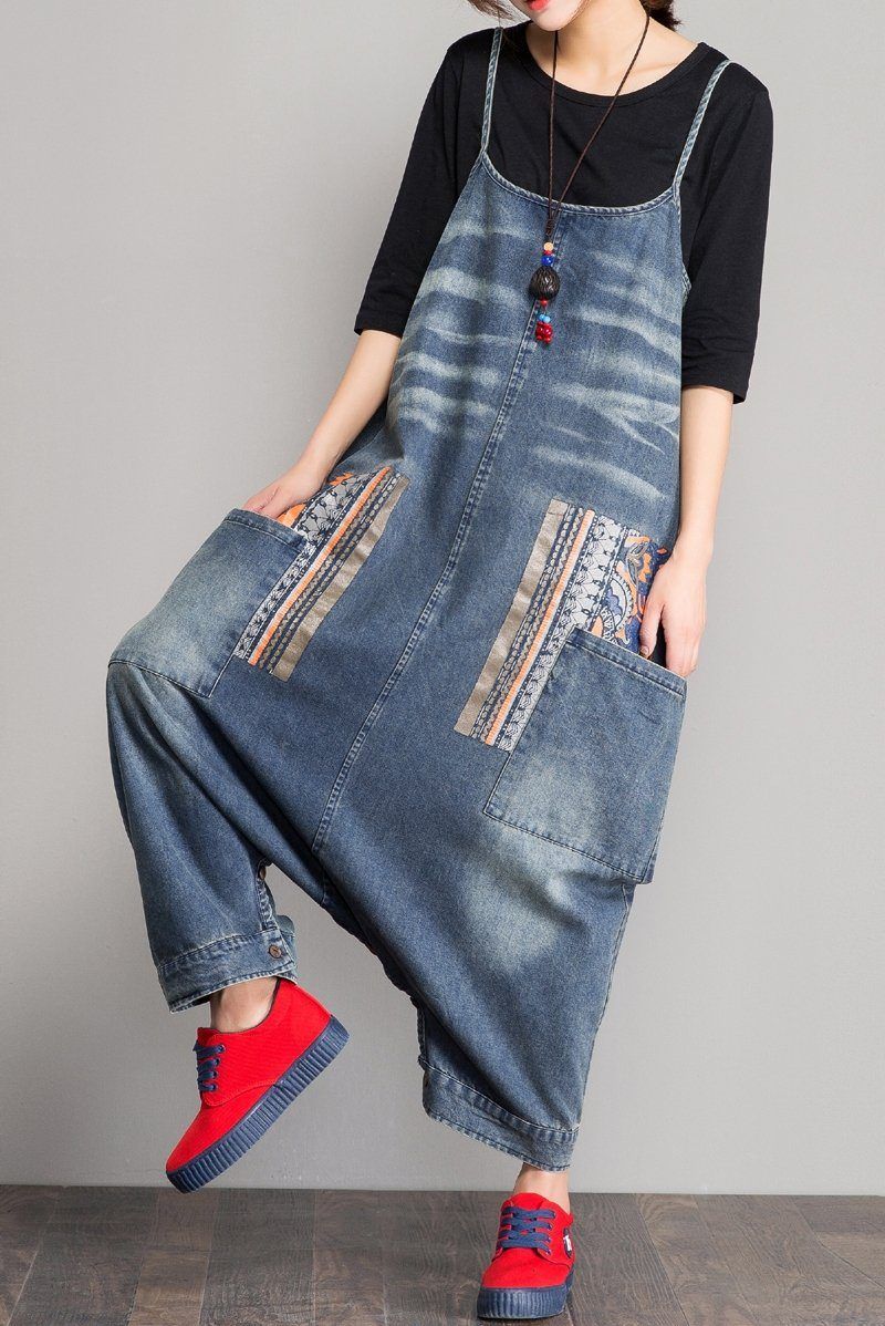 Spring Denim Hagesmæk Løs Skridtrem Jumpsuit