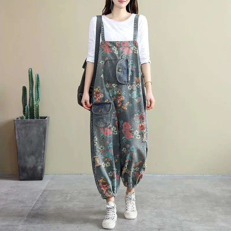 Spring Loose Floral Ripped Lommer Bomuld Denim Jumpsuit