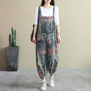 Spring Loose Floral Ripped Lommer Bomuld Denim Jumpsuit