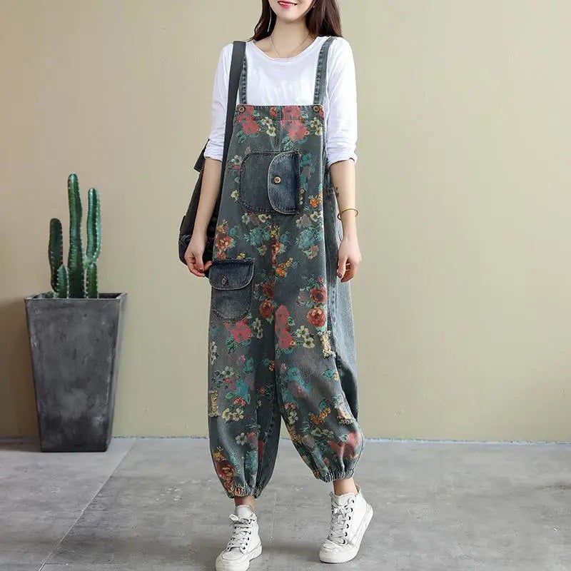 Spring Loose Floral Ripped Lommer Bomuld Denim Jumpsuit