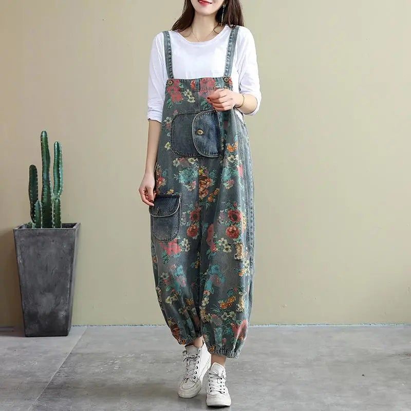 Spring Loose Floral Ripped Lommer Bomuld Denim Jumpsuit