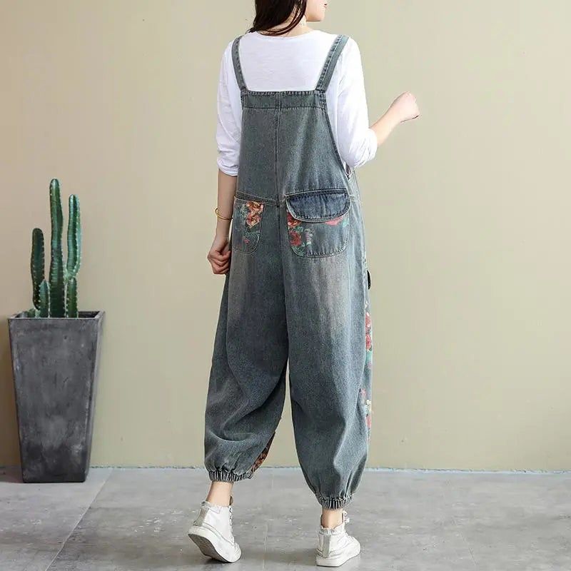 Spring Loose Floral Ripped Lommer Bomuld Denim Jumpsuit