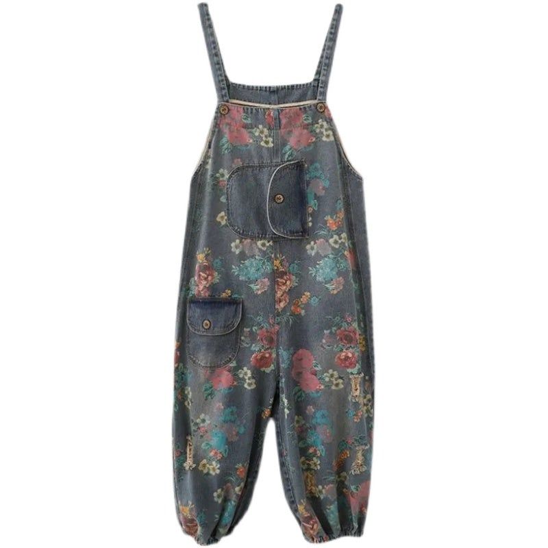 Spring Loose Floral Ripped Lommer Bomuld Denim Jumpsuit