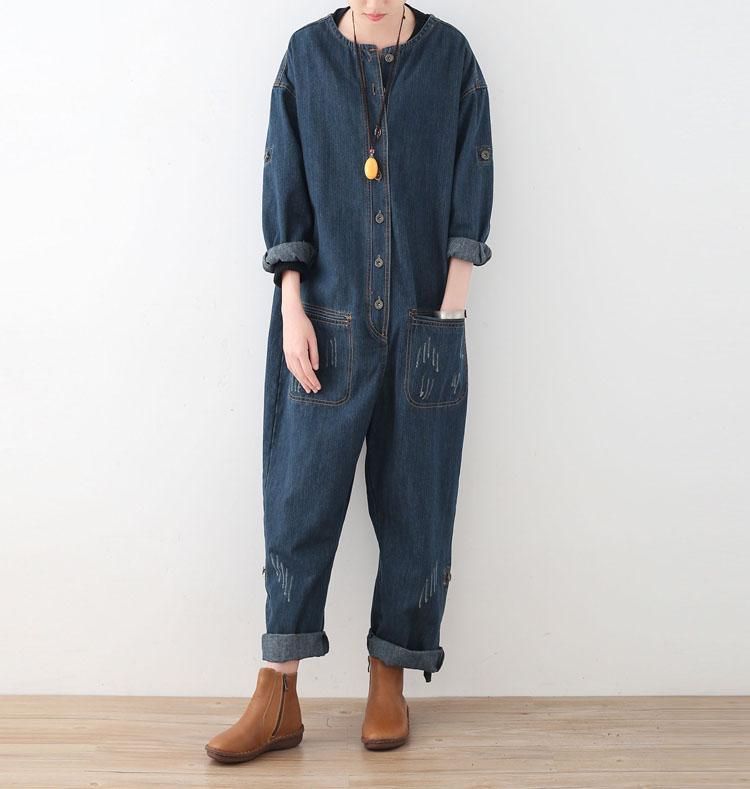 Spring Loose Large Size Langærmede Blå Denim Bomuld Tooling Jumpsuits