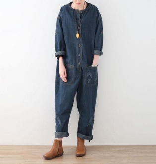 Spring Loose Large Size Langærmede Blå Denim Bomuld Tooling Jumpsuits