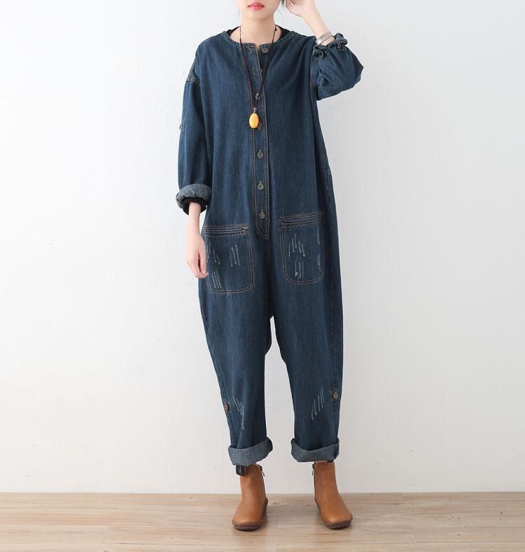 Spring Loose Large Size Langærmede Blå Denim Bomuld Tooling Jumpsuits