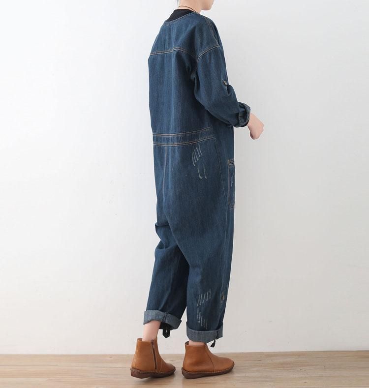 Spring Loose Large Size Langærmede Blå Denim Bomuld Tooling Jumpsuits