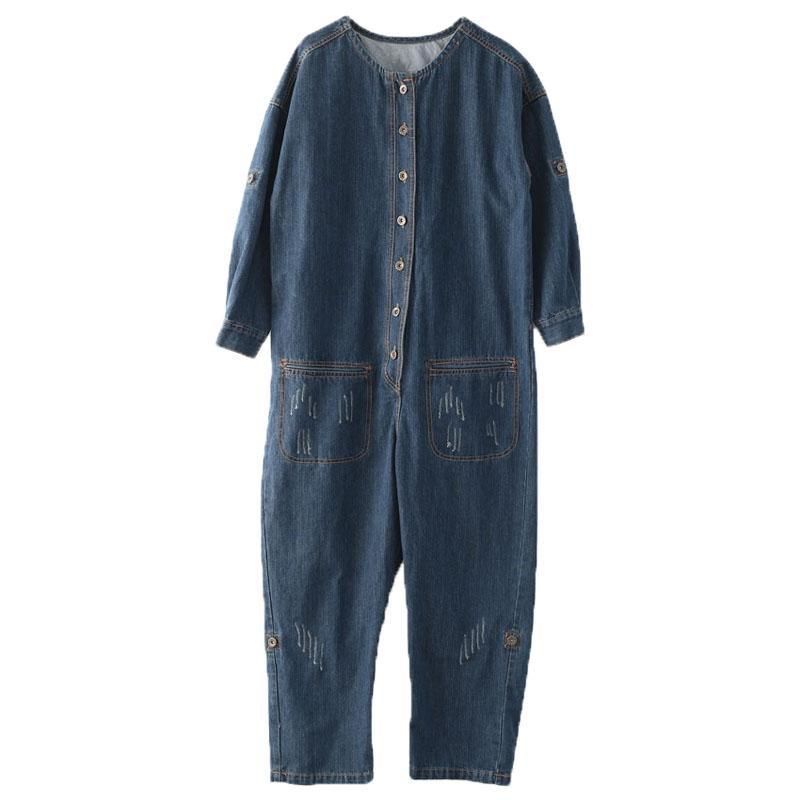 Spring Loose Large Size Langærmede Blå Denim Bomuld Tooling Jumpsuits