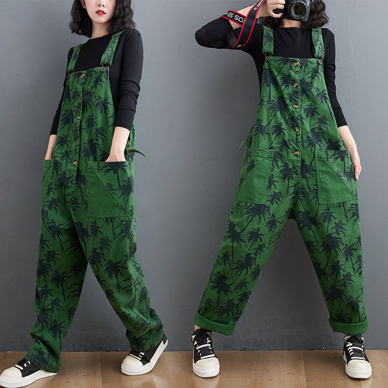 Spring Retro Plants Print Løs Denim Jumpsuit