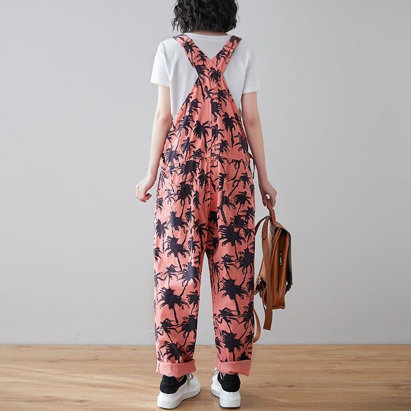 Spring Retro Plants Print Løs Denim Jumpsuit