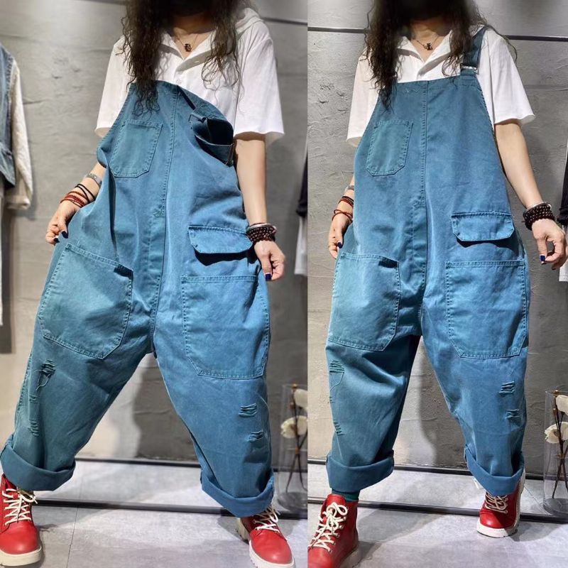 Summer Retro Plus Size Wide Leg Bomuld Denim Jumpsuit