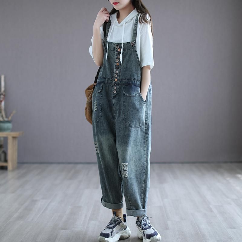 Summer Retro Tynd Denim Jumpsuit Med Træknap