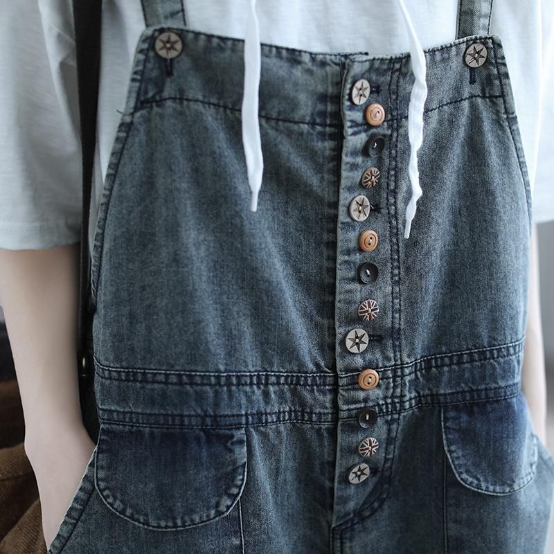 Summer Retro Tynd Denim Jumpsuit Med Træknap