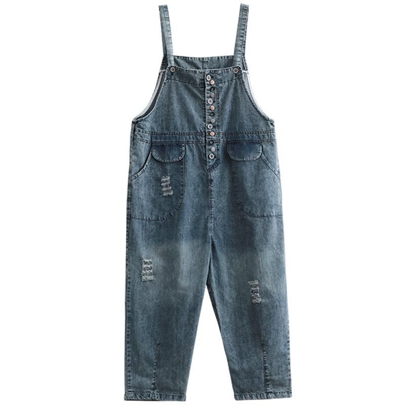 Summer Retro Tynd Denim Jumpsuit Med Træknap