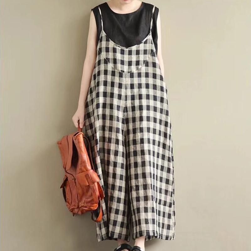 Vintage Sort Hvid Plaid Jumpsuits Med Brede Ben