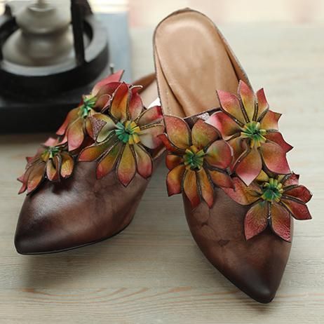 Blomster Retro Almond Toe Chunky Heels Hjemmesko 35-41