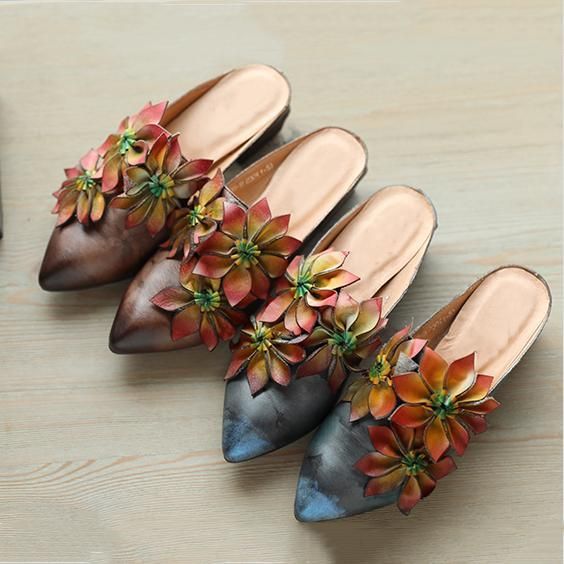 Blomster Retro Almond Toe Chunky Heels Hjemmesko 35-41