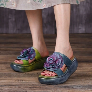 Kvinder Sommer Vintage Læder Floral Platform Hjemmesko