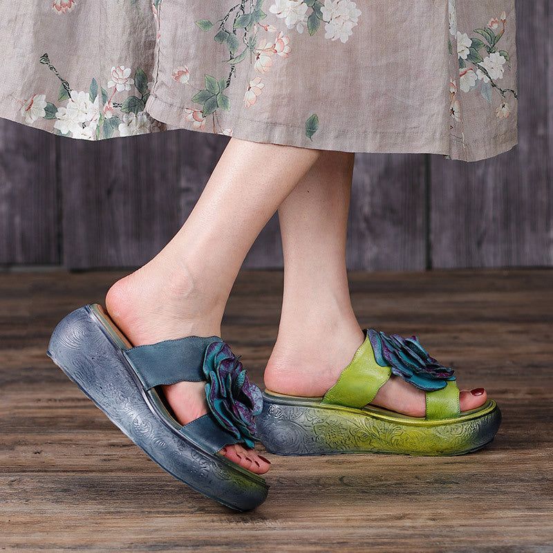 Kvinder Sommer Vintage Læder Floral Platform Hjemmesko