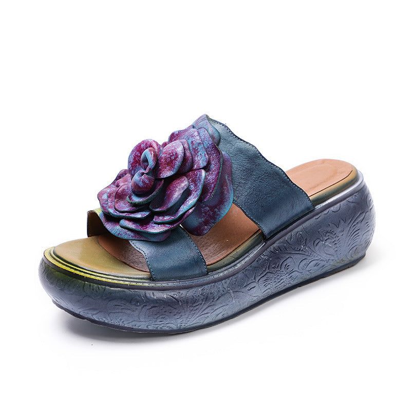 Kvinder Sommer Vintage Læder Floral Platform Hjemmesko