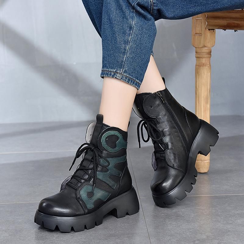 Vinter Retro Læder Patchwork Platform Casual Støvler