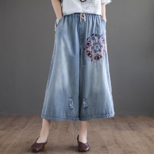 Autumn Vintage Broderede Washed Holes Cropped Denim Bukser