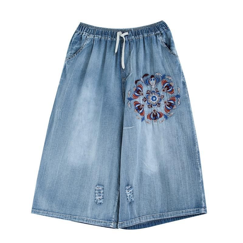 Autumn Vintage Broderede Washed Holes Cropped Denim Bukser