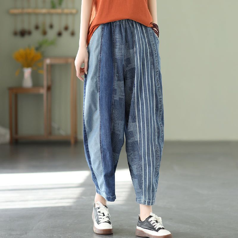 Dame Forår Patchwork Stripe Jeans