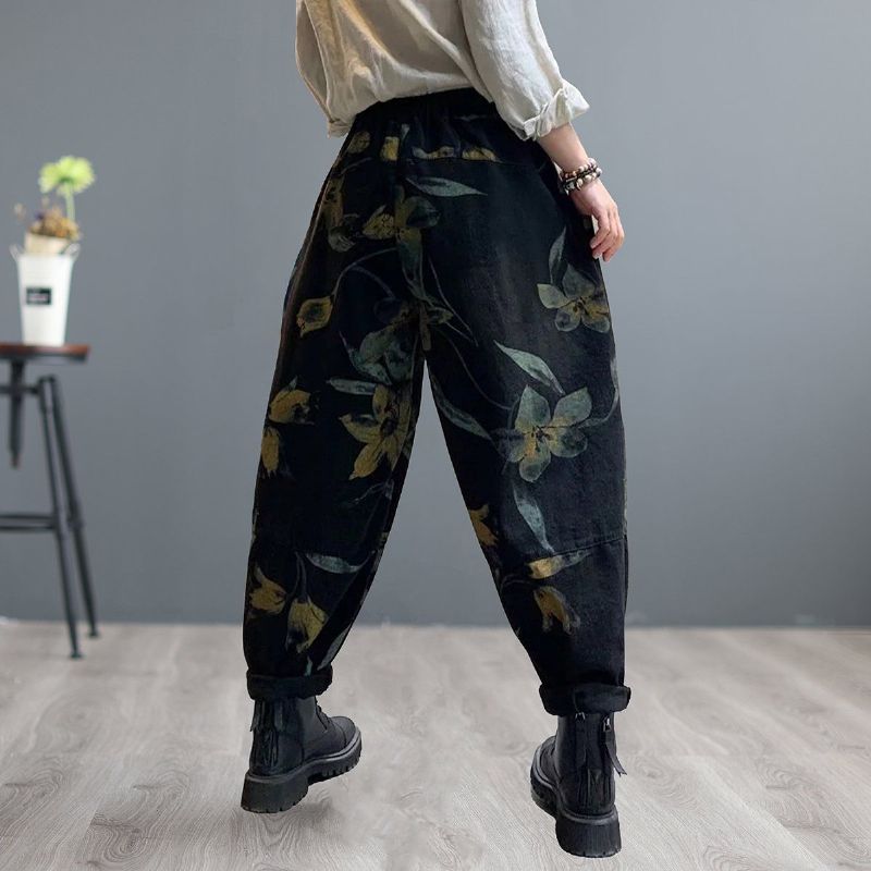 Dame Retro Print Patchwork Løse Harem Jeans