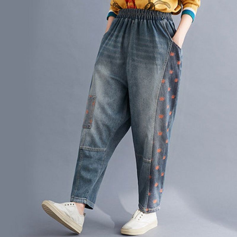 Elastisk Talje Patchwork Denim Harem Bukser