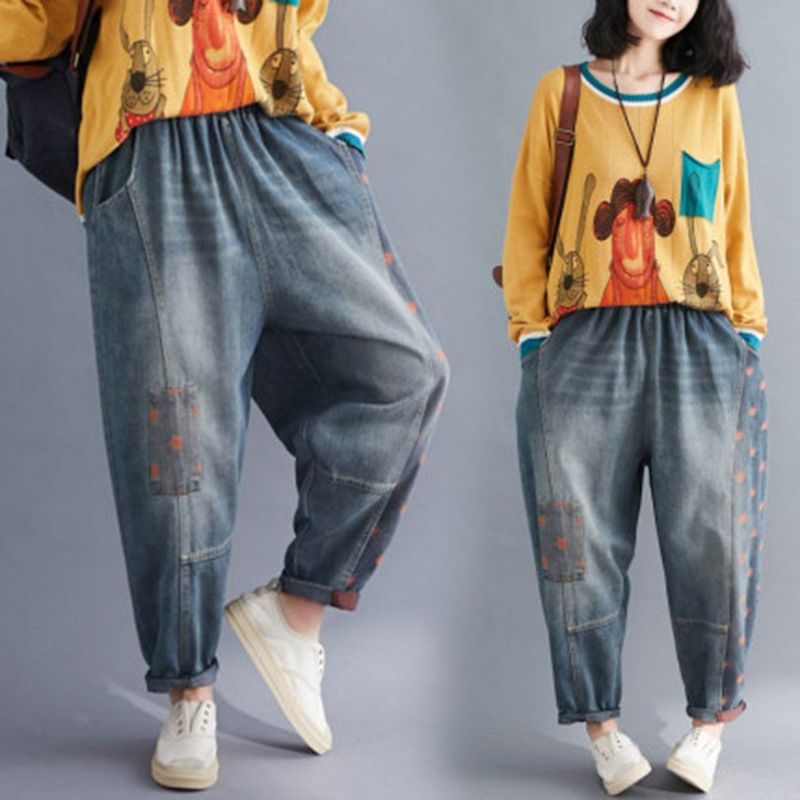 Elastisk Talje Patchwork Denim Harem Bukser