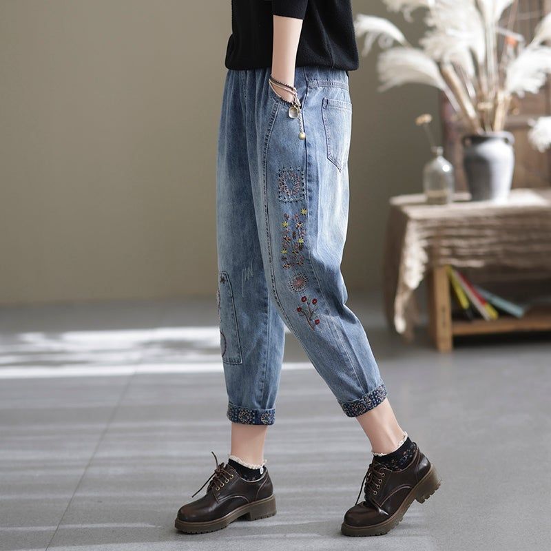 Forår Casual Løs Retro Splejsning Broderi Harem Jeans