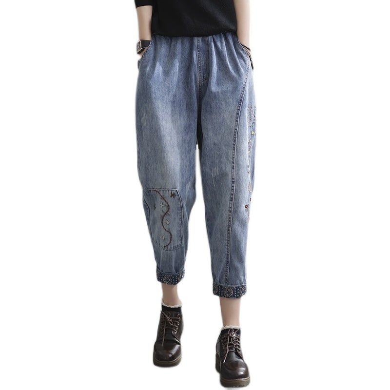 Forår Casual Løs Retro Splejsning Broderi Harem Jeans