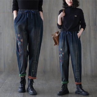 Forår Efterår Retro Casual Broderi Bomuldsjeans