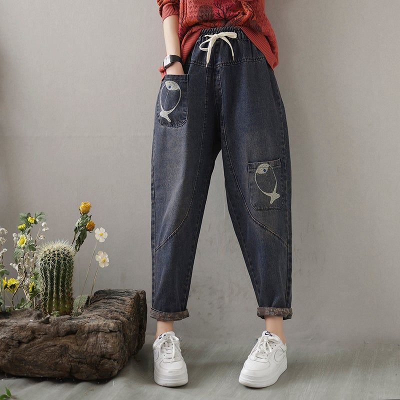 Forår Kvinder Fisk Broderi Patchwork Jeans