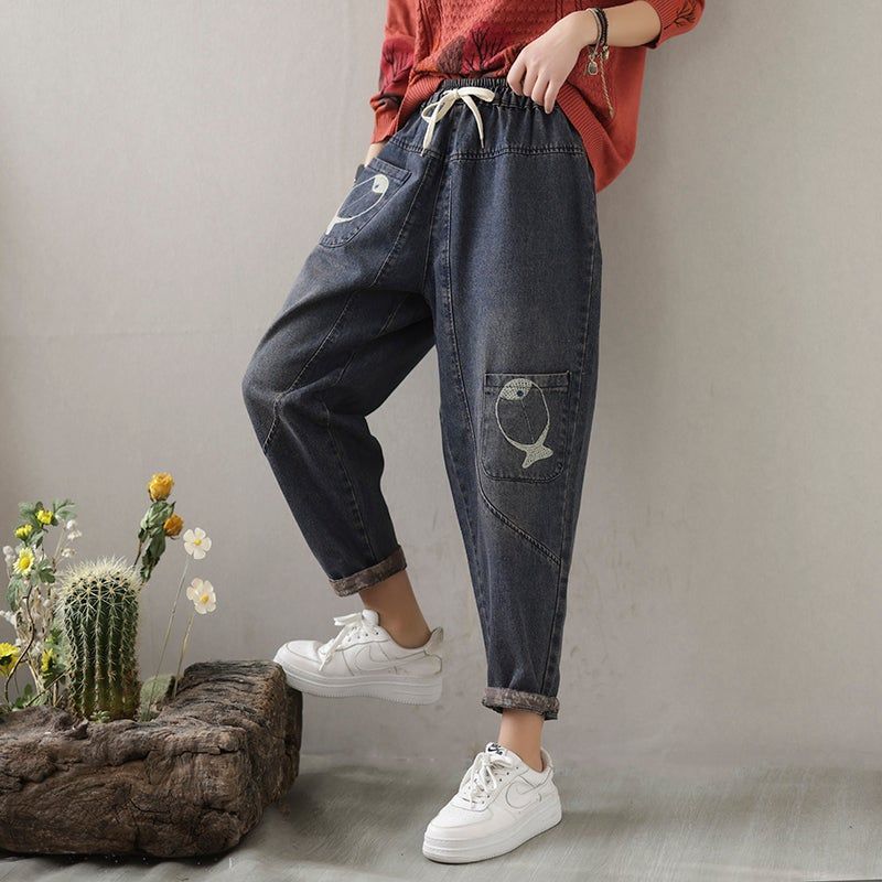 Forår Kvinder Fisk Broderi Patchwork Jeans