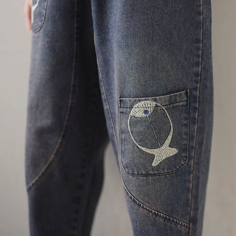 Forår Kvinder Fisk Broderi Patchwork Jeans