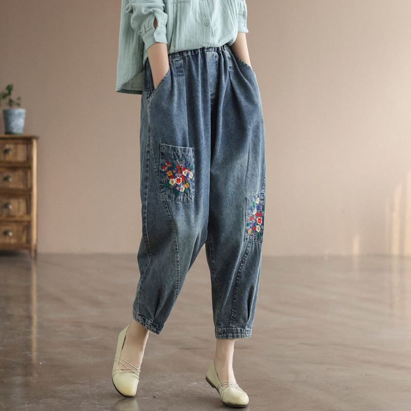 Forår Retro Blomsterbroderi Harem Jeans