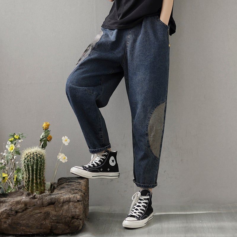 Forår Retro Patchwork Bomuld Dame Casual Jeans