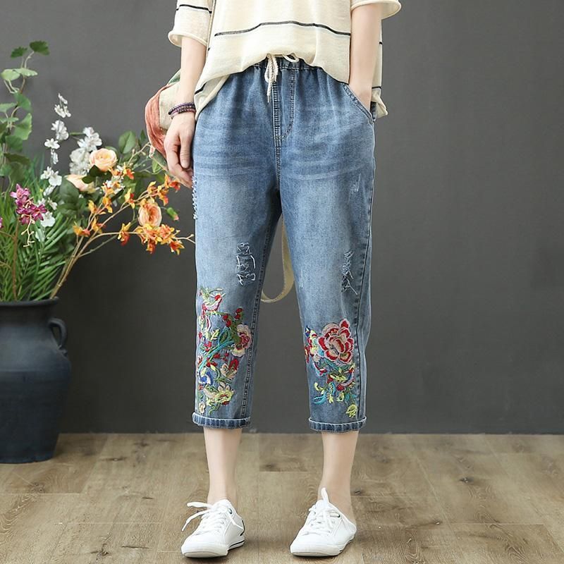 Forår Sommer Broderi Retro Løse Jeans