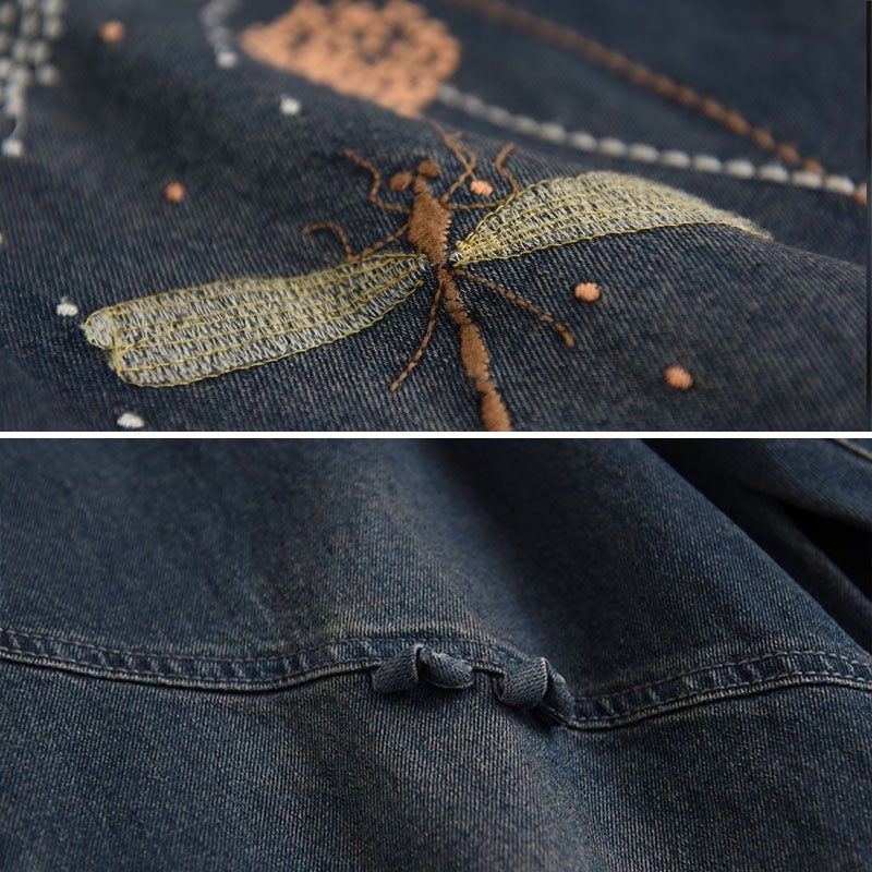 Kvinder Løs Forår Retro Dragonfly Broderi Bomuld Jeans