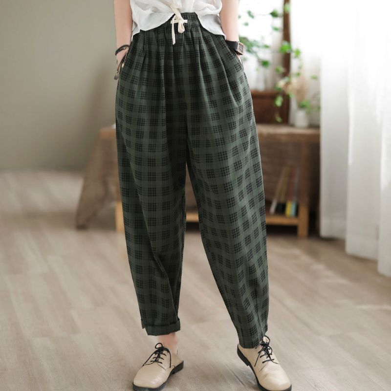 Kvinder Sommer Retro Plaid Bomuld Harem Bukser