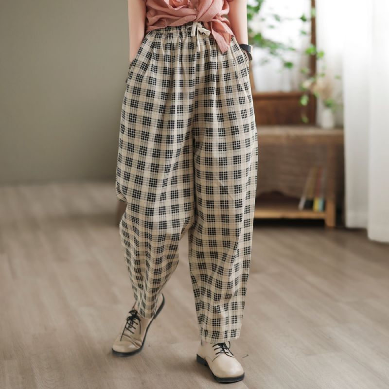 Kvinder Sommer Retro Plaid Bomuld Harem Bukser