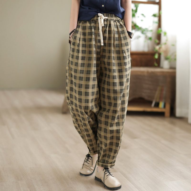 Kvinder Sommer Retro Plaid Bomuld Harem Bukser