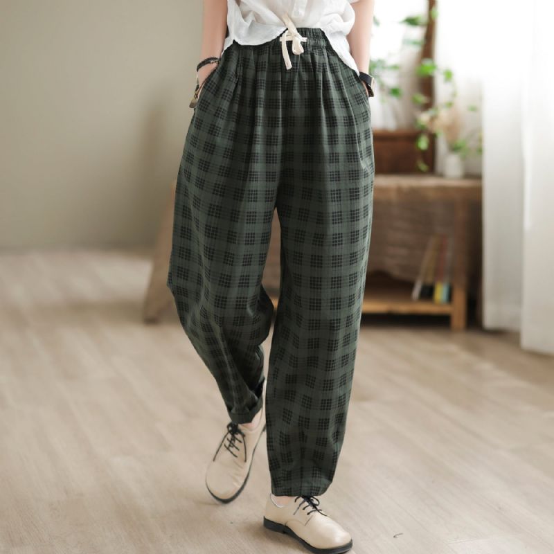 Kvinder Sommer Retro Plaid Bomuld Harem Bukser