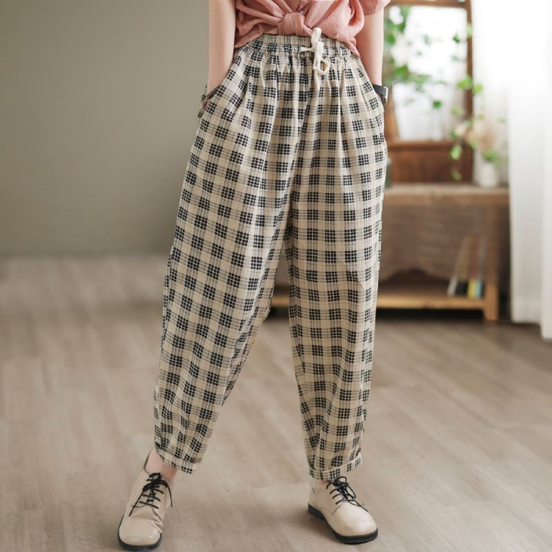 Kvinder Sommer Retro Plaid Bomuld Harem Bukser