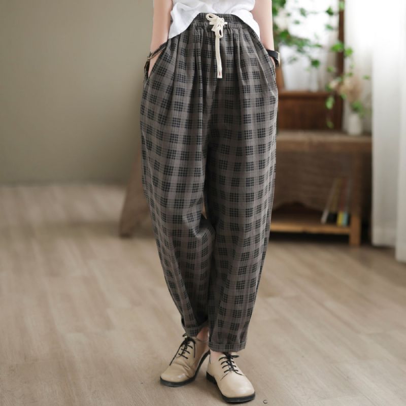 Kvinder Sommer Retro Plaid Bomuld Harem Bukser